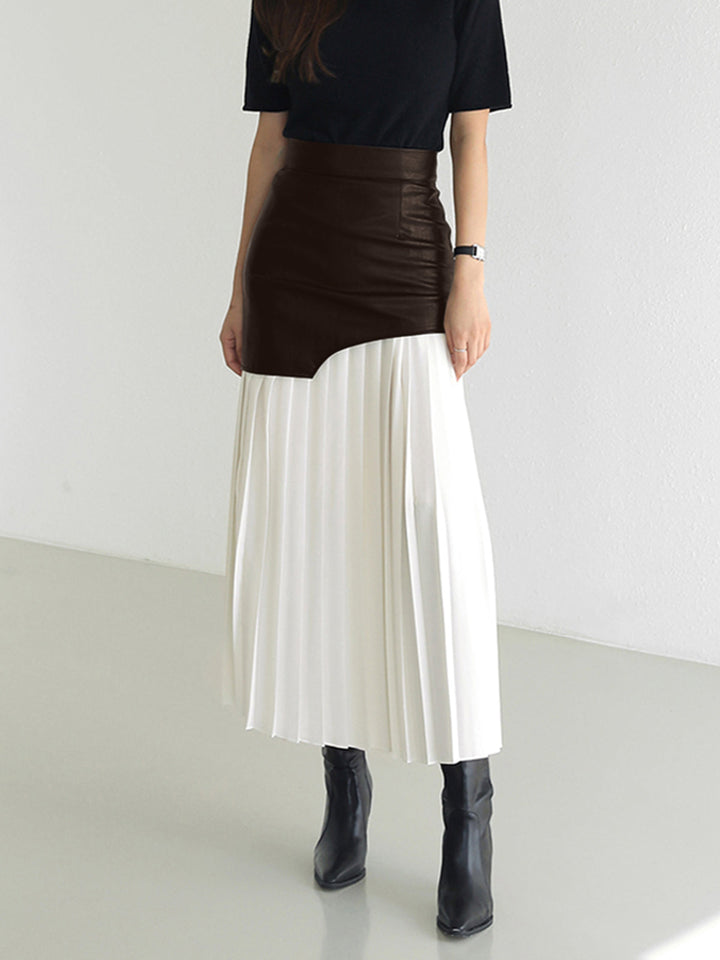 Variant image for Jupe Longue Femme Asymétrique en Mousseline de Soie et Cuir Synthétique – Patchwork Élégant, Longueur Midi-14