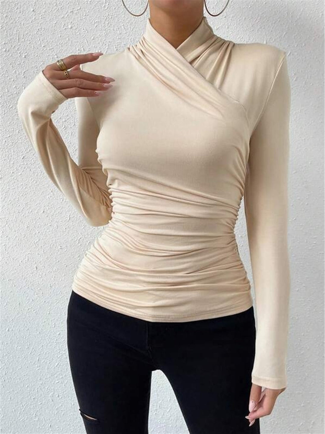T-Shirt Femme Plissé à Col Croisé – Manches Longues Slim Fit en Rayon Élastique-4
