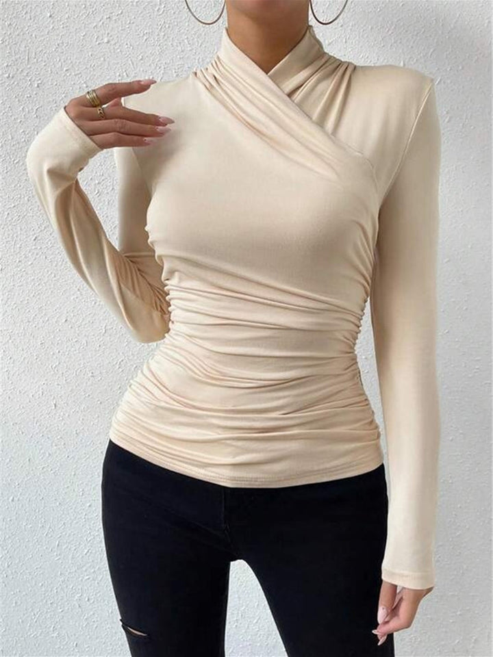 T-Shirt Femme Plissé à Col Croisé – Manches Longues Slim Fit en Rayon Élastique-4