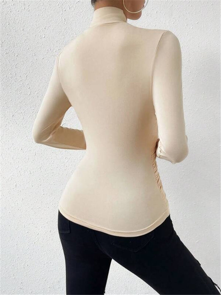 T-Shirt Femme Plissé à Col Croisé – Manches Longues Slim Fit en Rayon Élastique-3