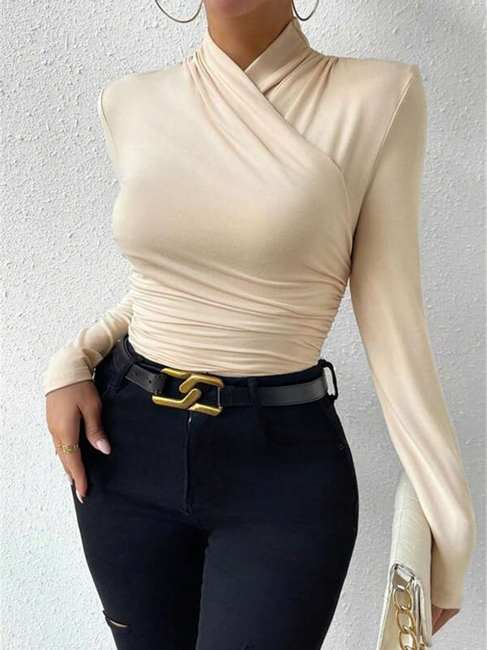 T-Shirt Femme Plissé à Col Croisé – Manches Longues Slim Fit en Rayon Élastique-2