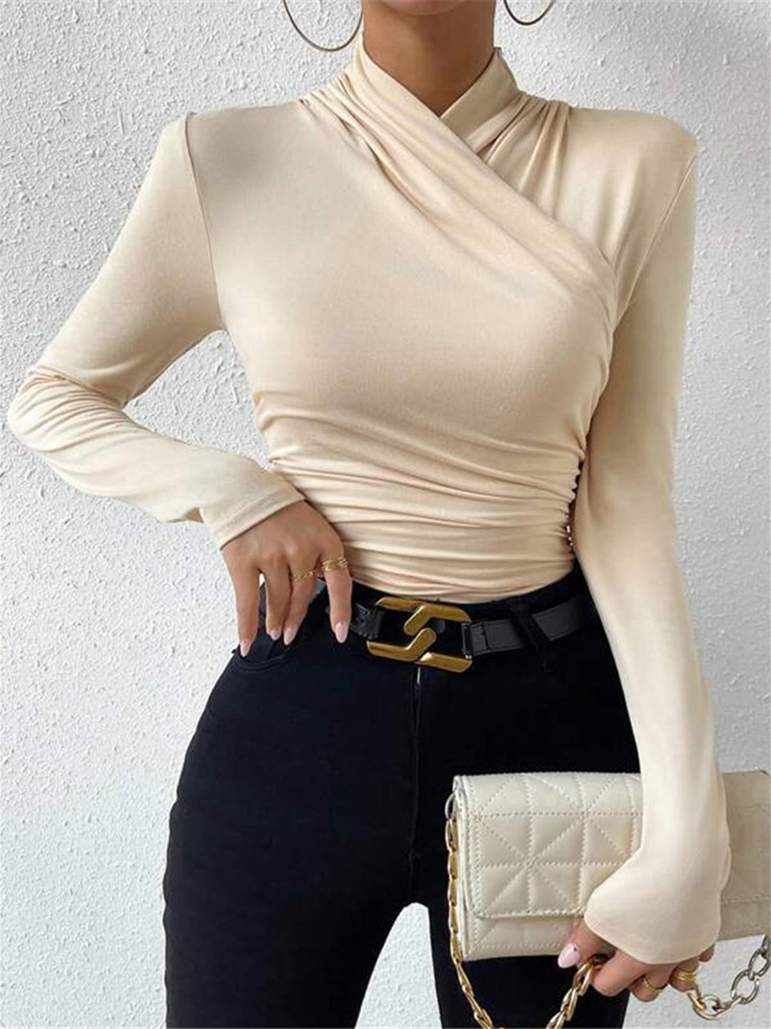 T-Shirt Femme Plissé à Col Croisé – Manches Longues Slim Fit en Rayon Élastique-1