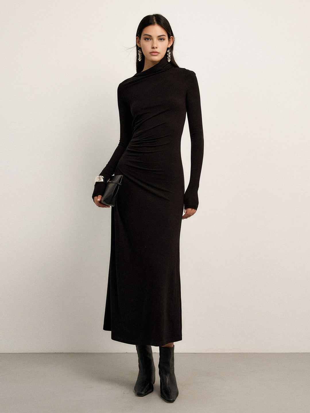 Variant image for Robe Longue Femme Asymétrique à Manches Longues en Jersey Élastique – Élégante Robe de Soirée-6
