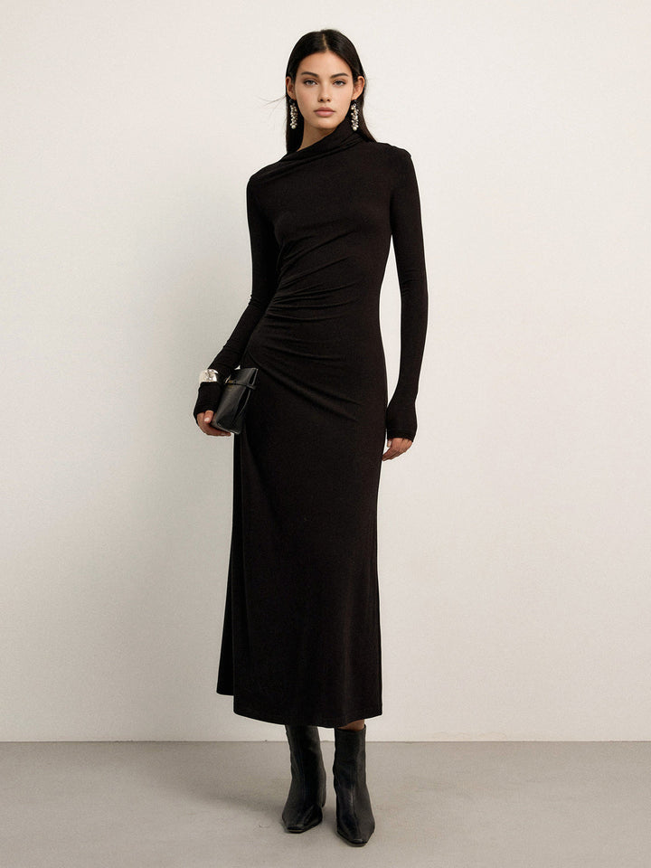 Variant image for Robe Longue Femme Asymétrique à Manches Longues en Jersey Élastique – Élégante Robe de Soirée-6