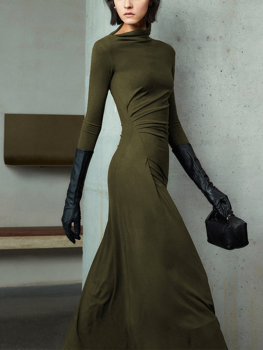 Variant image for Robe Longue Femme Asymétrique à Manches Longues en Jersey Élastique – Élégante Robe de Soirée-16