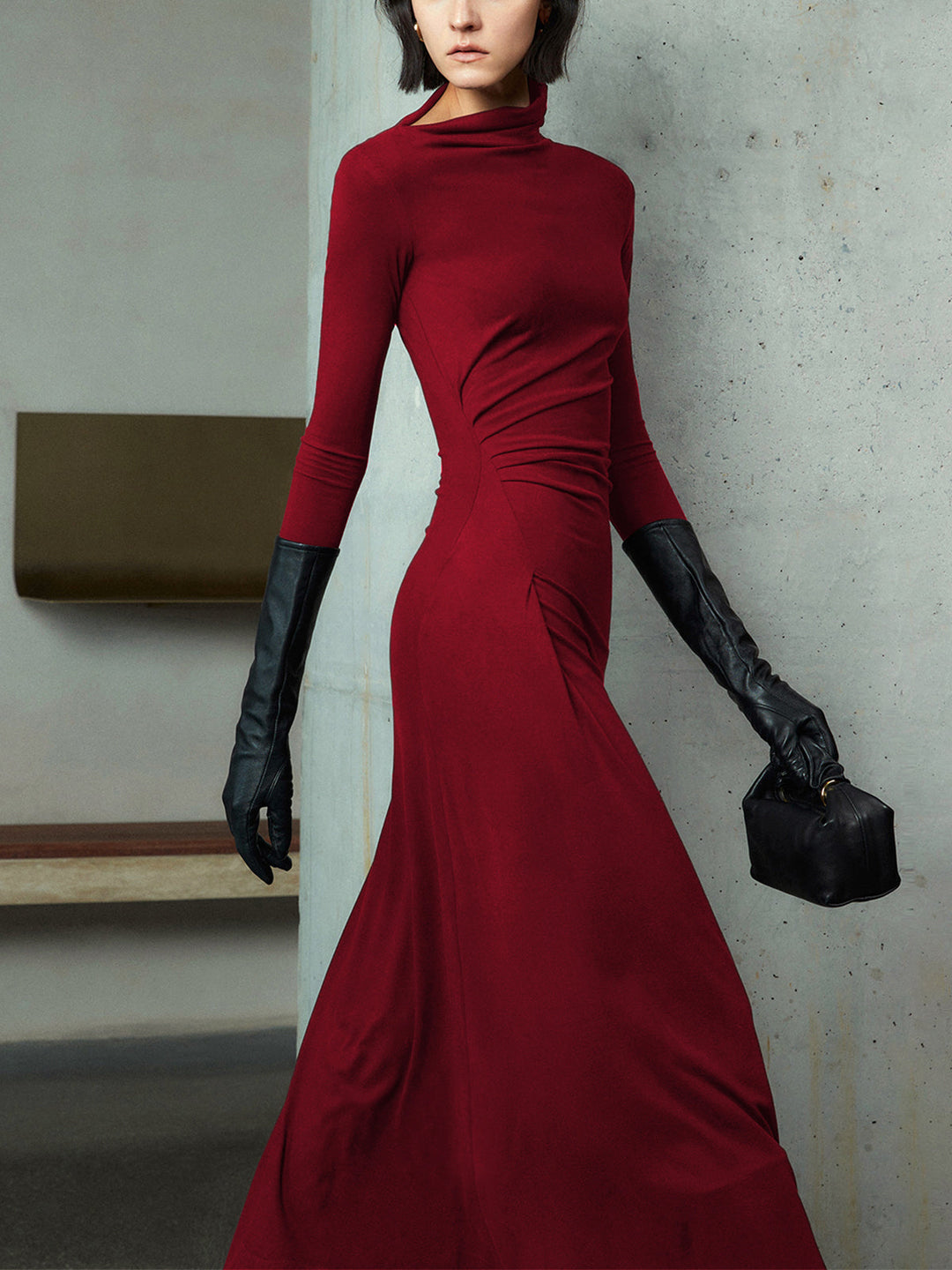 Variant image for Robe Longue Femme Asymétrique à Manches Longues en Jersey Élastique – Élégante Robe de Soirée-11