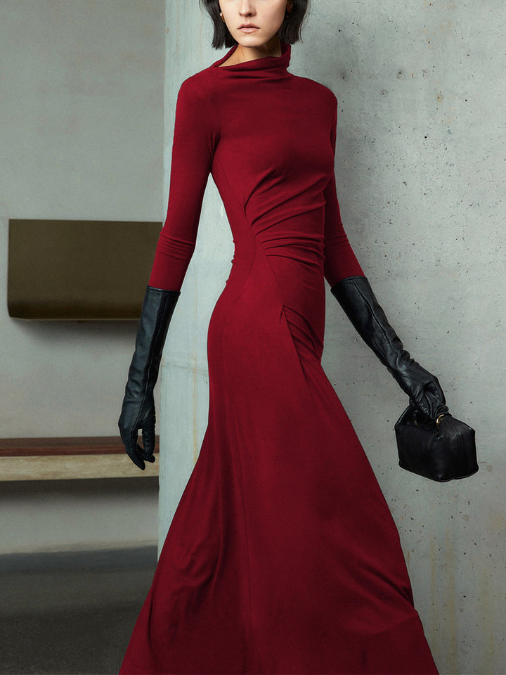 Variant image for Robe Longue Femme Asymétrique à Manches Longues en Jersey Élastique – Élégante Robe de Soirée-11