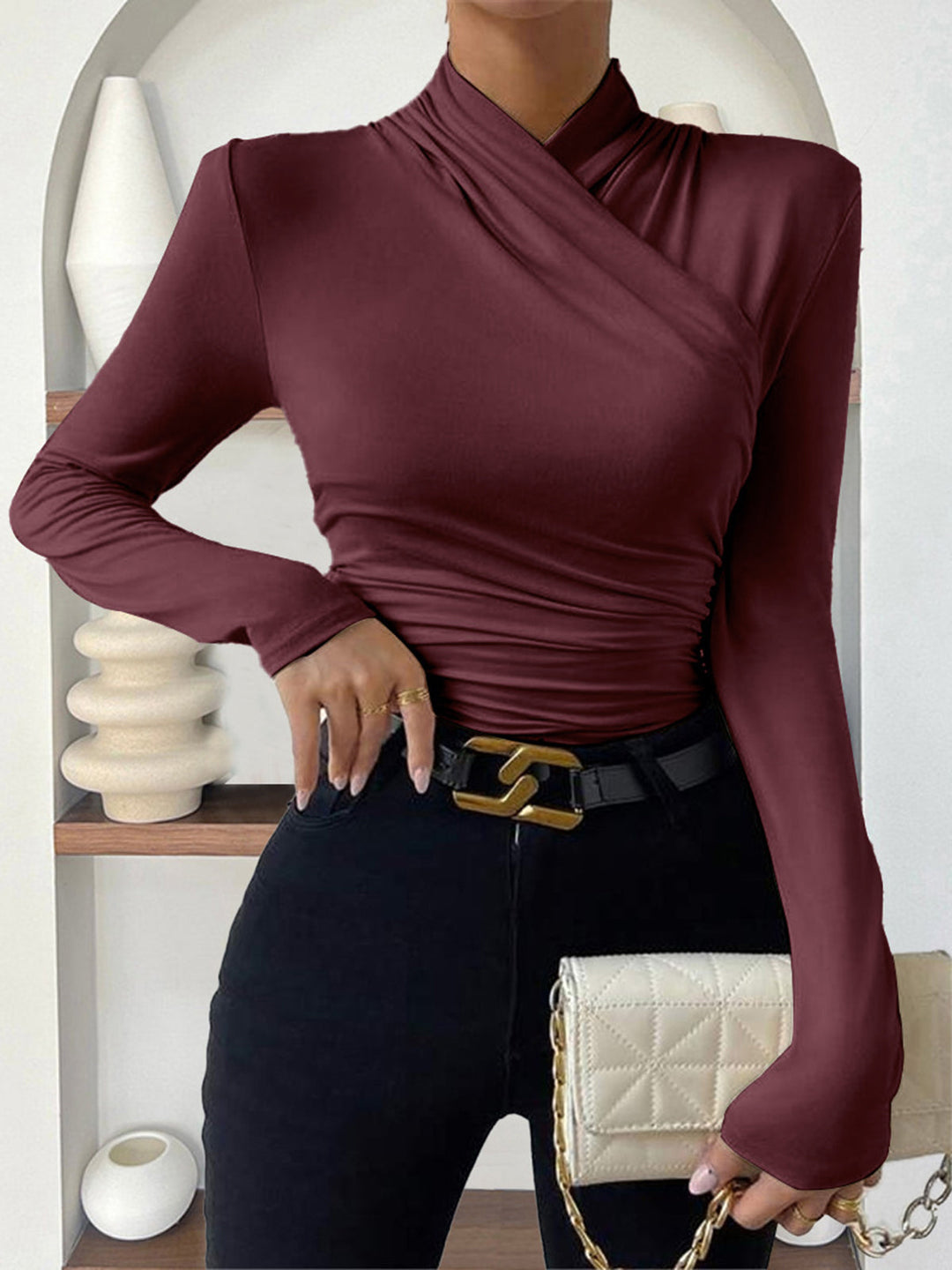 Variant image for T-Shirt Femme Plissé à Col Croisé – Manches Longues Slim Fit en Rayon Élastique-16