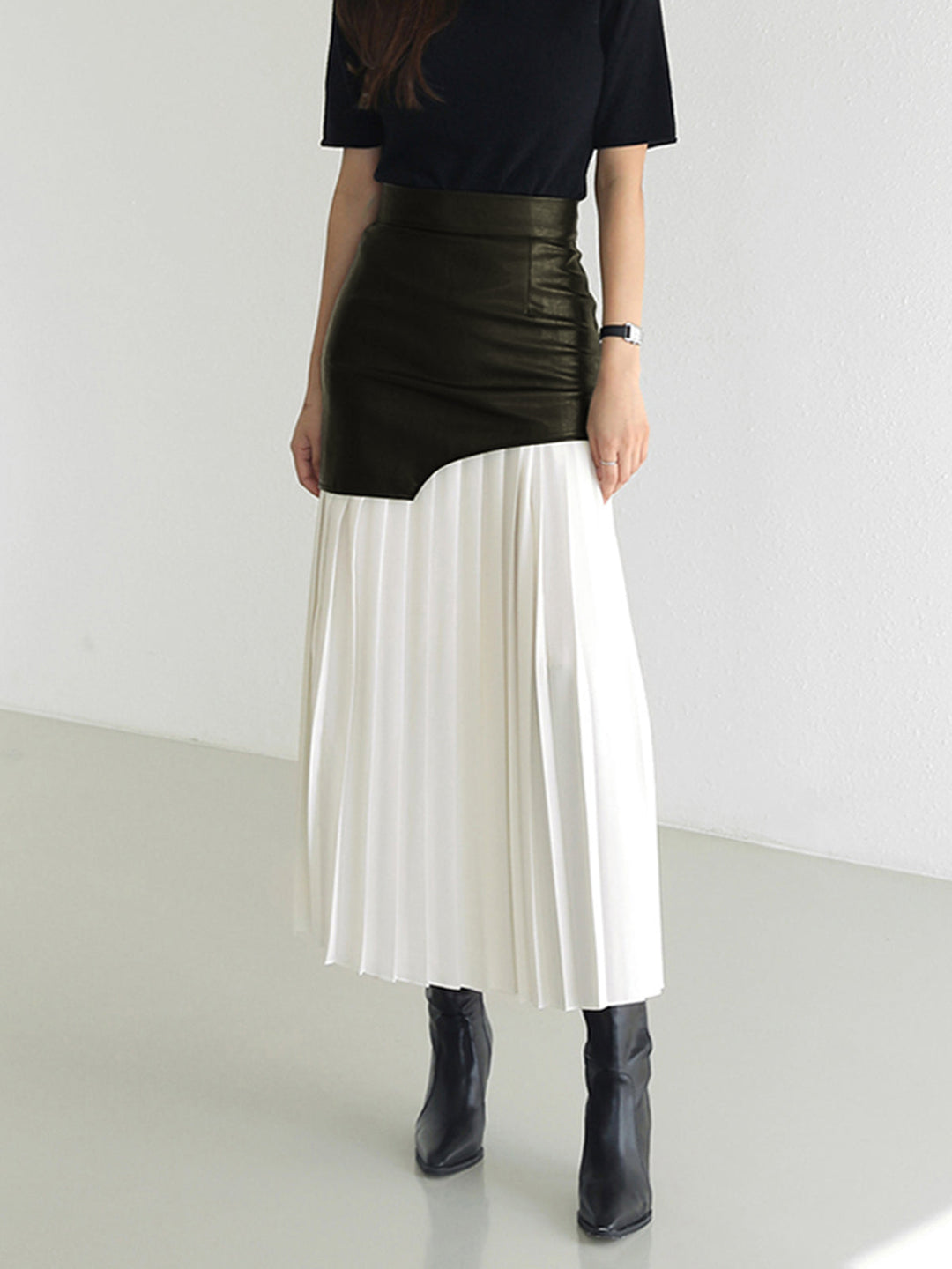 Variant image for Jupe Longue Femme Asymétrique en Mousseline de Soie et Cuir Synthétique – Patchwork Élégant, Longueur Midi-19