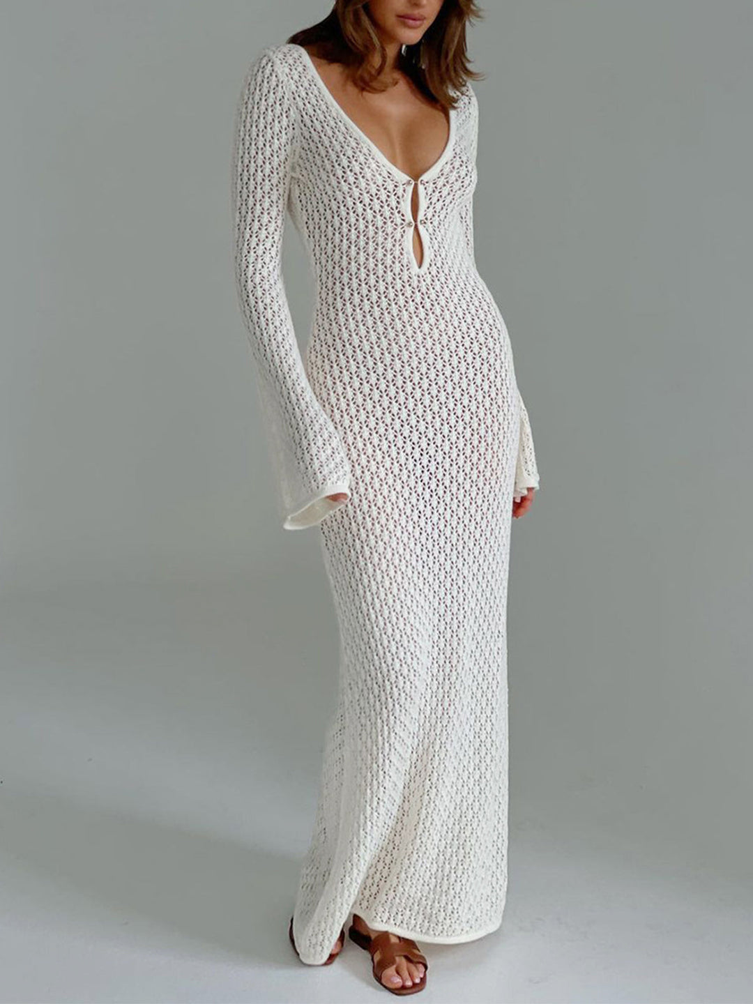 Robe Longue Femme Dos Nu à Manches Longues en Tricot – Robe de Soirée Été Maxi Élégante-1