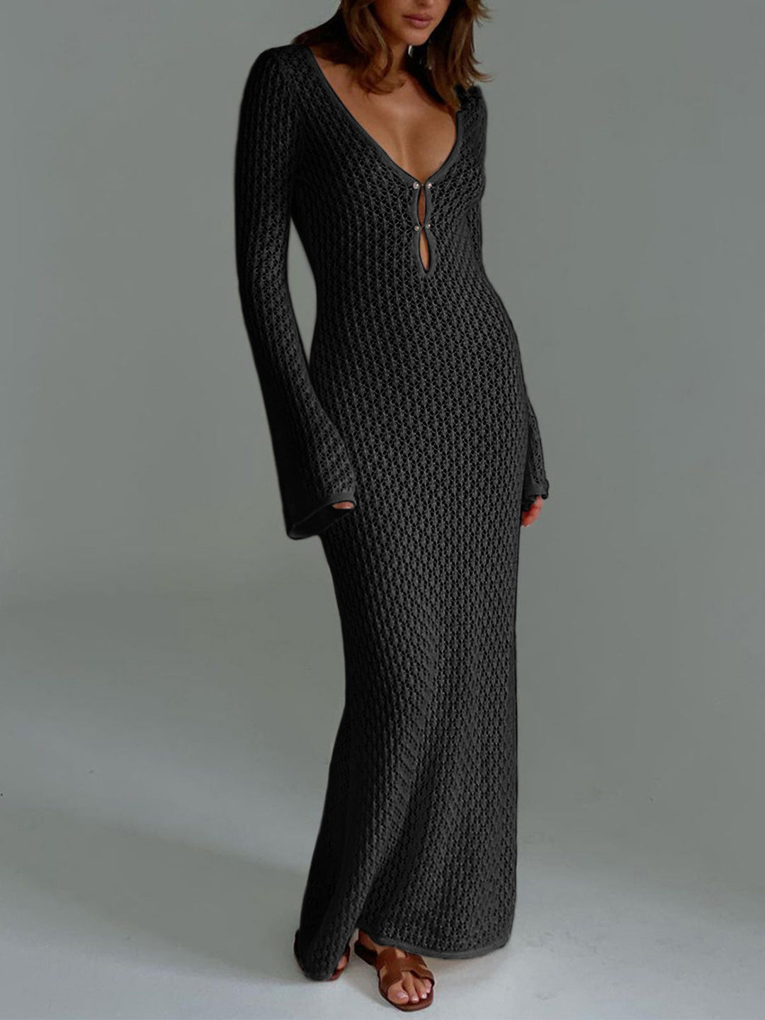 Variant image for Robe Longue Femme Dos Nu à Manches Longues en Tricot – Robe de Soirée Été Maxi Élégante-6