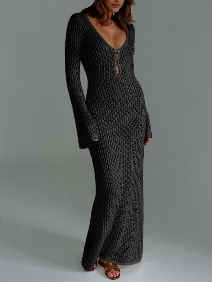 Variant image for Robe Longue Femme Dos Nu à Manches Longues en Tricot – Robe de Soirée Été Maxi Élégante-6