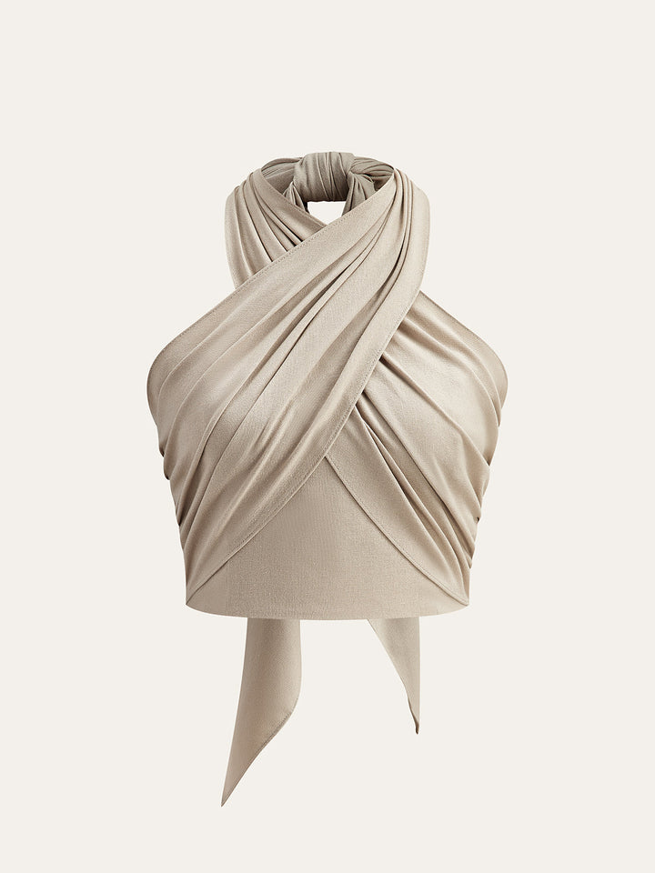 Haut Femme Halter en Lin et Coton Blanc – Design Croisé, Confortable et Élégant-3