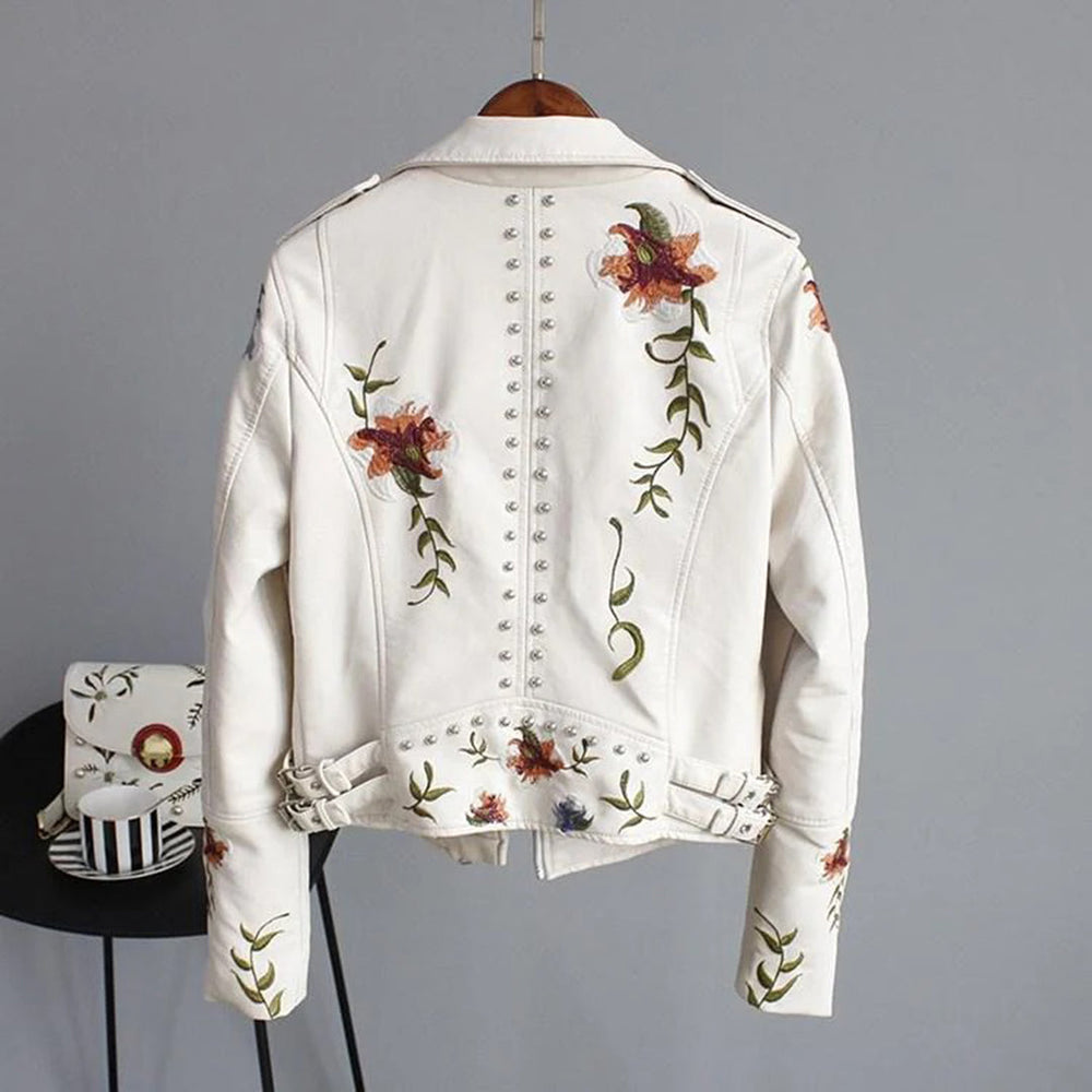 Veste en Cuir Femme Imprimée Fleurs – Élégante et Durable avec Poches et Fermeture Éclair-2