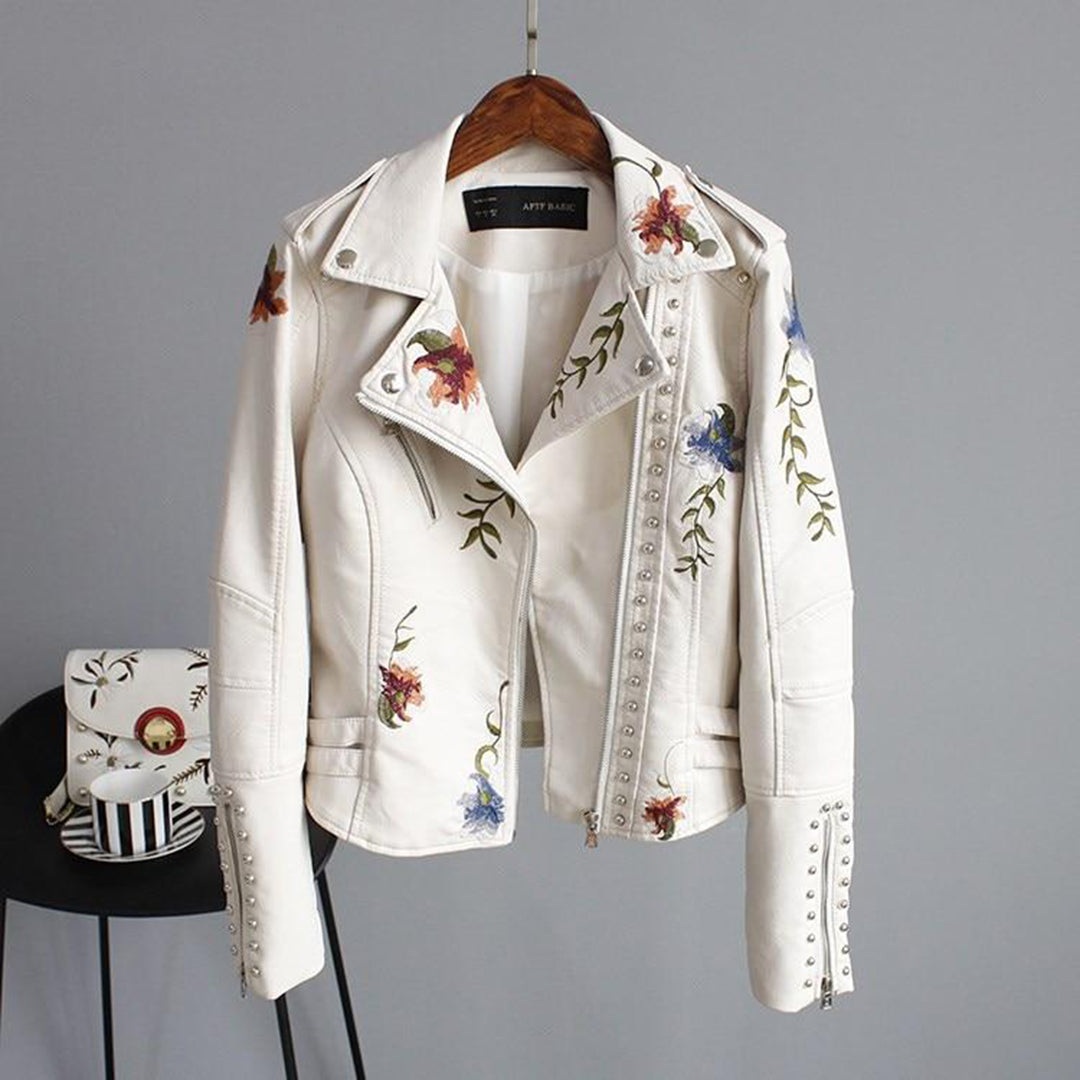 Veste en Cuir Femme Imprimée Fleurs – Élégante et Durable avec Poches et Fermeture Éclair-1