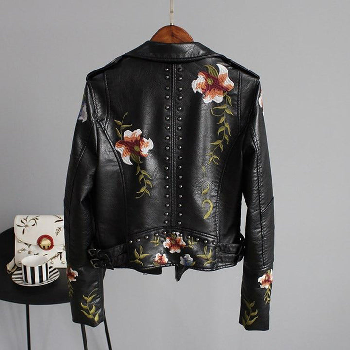 Veste en Cuir Femme Imprimée Fleurs – Élégante et Durable avec Poches et Fermeture Éclair-4