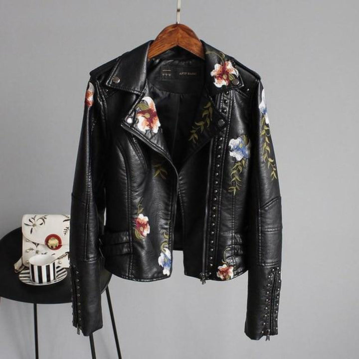 Veste en Cuir Femme Imprimée Fleurs – Élégante et Durable avec Poches et Fermeture Éclair-3