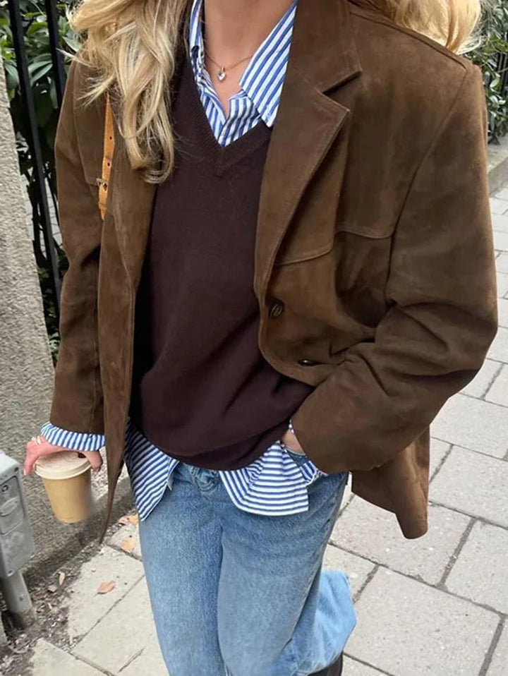 Blazer Femme Suède Beige Taille M Élégant Ample 3