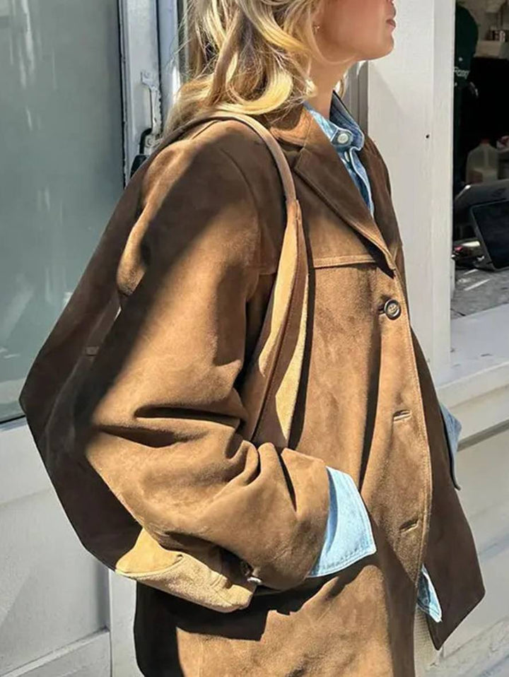Blazer Femme Suède Beige Taille M Élégant Ample 4