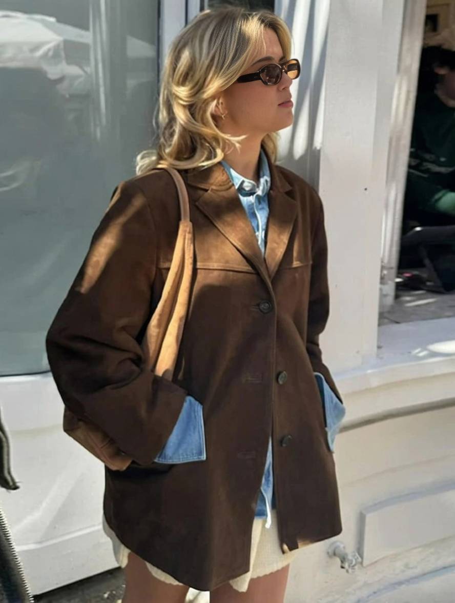 Blazer Femme Suède Beige Taille M Élégant Ample 5