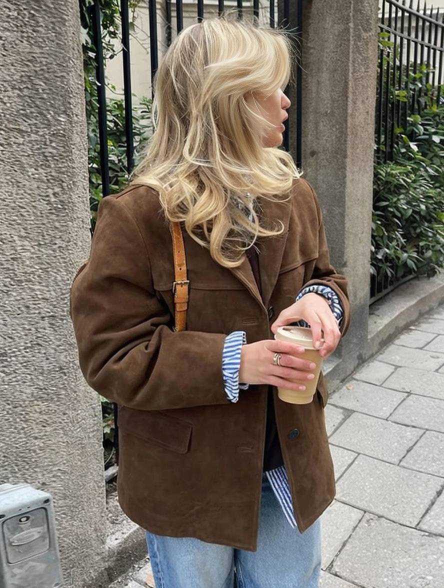 Blazer Femme Suède Beige Taille M Élégant Ample 7