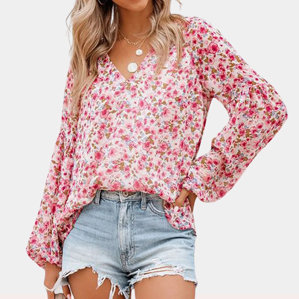 Blouse Blanche Femme à Manches Longues avec Imprimé Floral - Tissu Léger, Confortable, Disponible en Rose et Vert 0