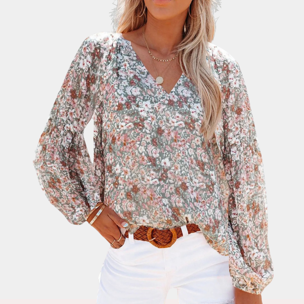Blouse Blanche Femme à Manches Longues avec Imprimé Floral - Tissu Léger, Confortable, Disponible en Rose et Vert 2
