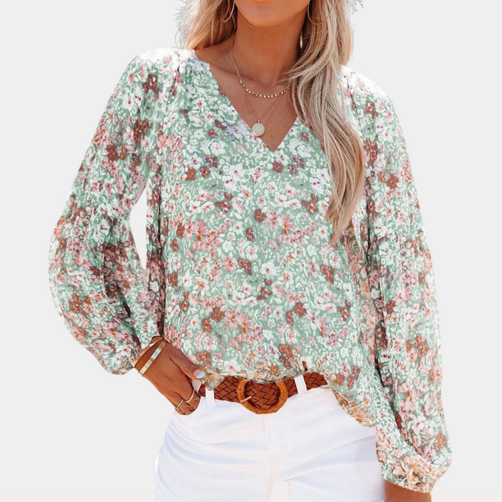 Blouse Blanche Femme à Manches Longues avec Imprimé Floral - Tissu Léger, Confortable, Disponible en Rose et Vert 3