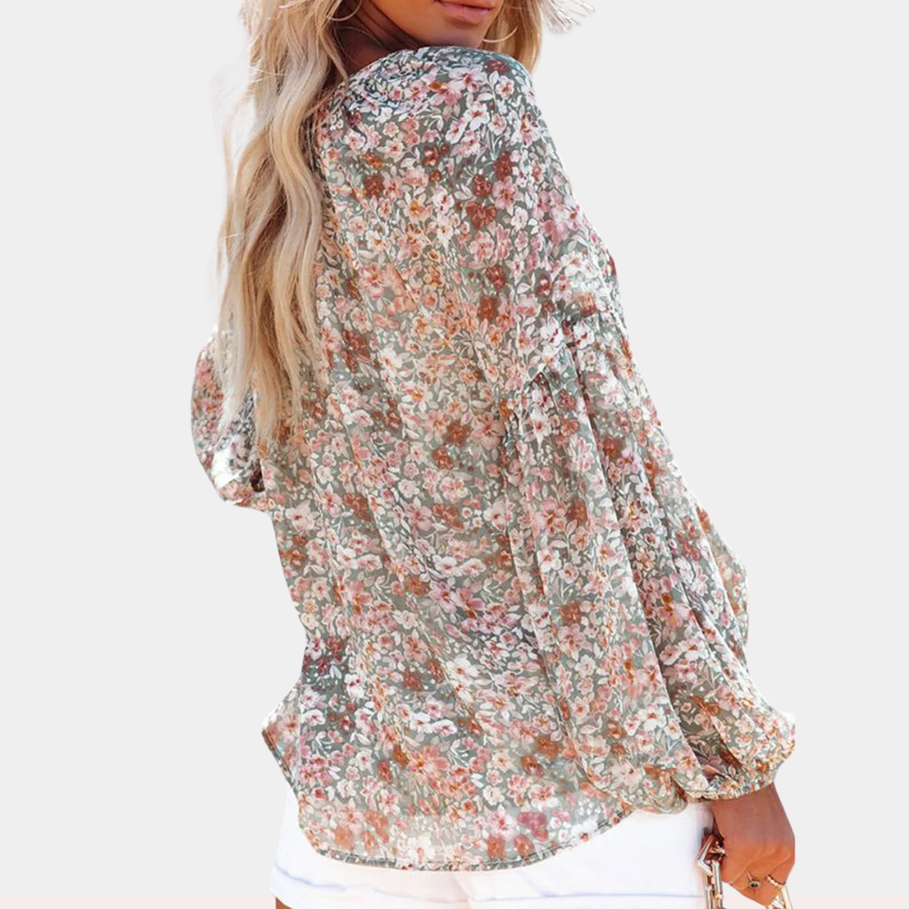Blouse Blanche Femme à Manches Longues avec Imprimé Floral - Tissu Léger, Confortable, Disponible en Rose et Vert 5
