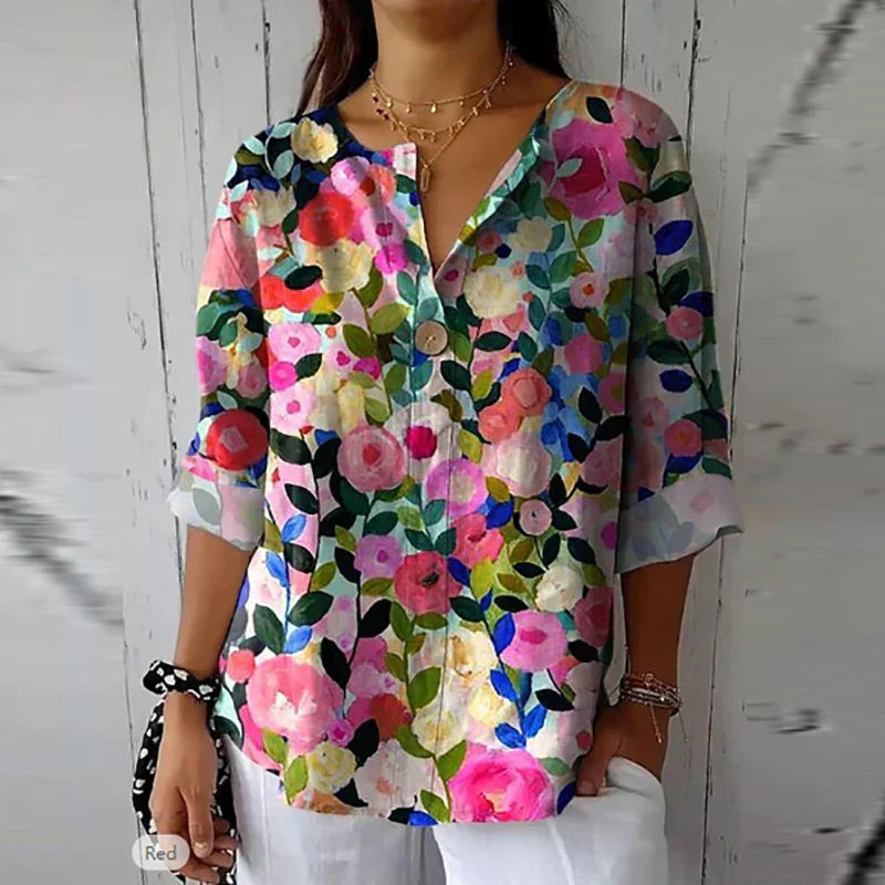 Blouse Print Floral de Printemps en Tissu Doux avec Col Classique 0