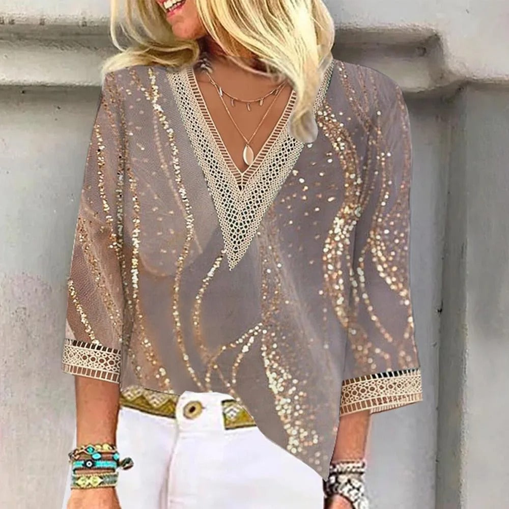 Blouse d'Été Élégante en Tissu Premium avec Col en V – Coupe Flatteuse Taille L 1
