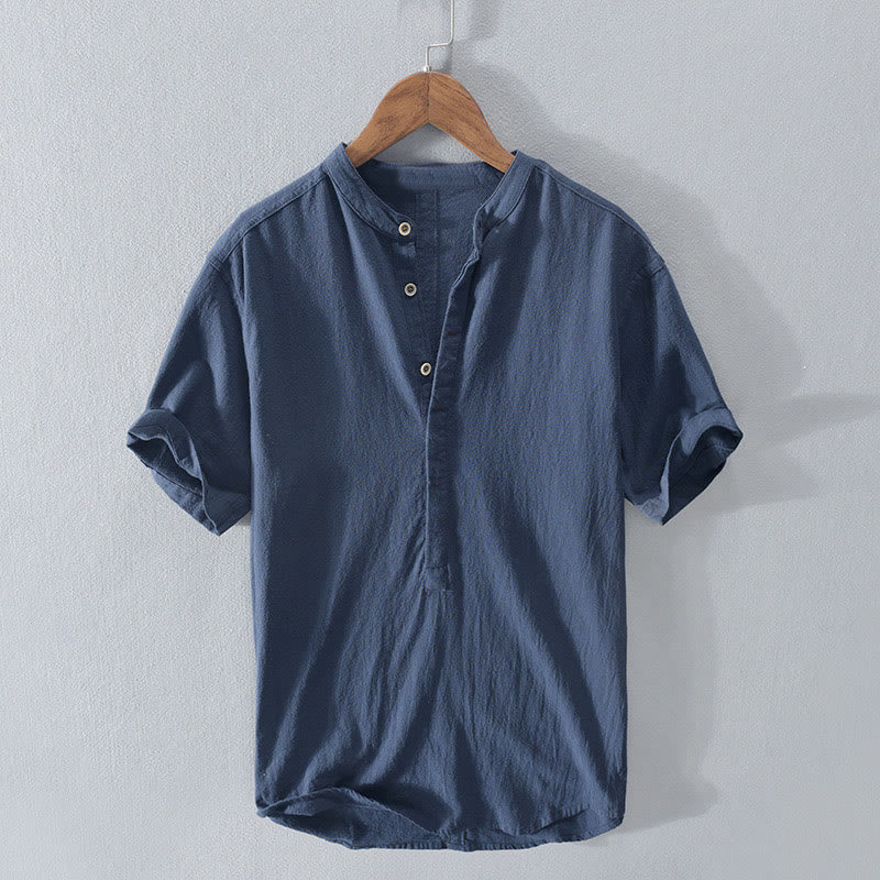 Chemise Homme en Lin et Coton à Manches Courtes – Col Montant, Design Élégant et Confortable, Idéal pour Toutes Occasions 0