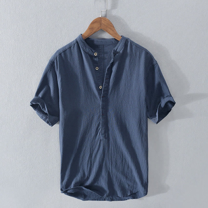 Chemise Homme en Lin et Coton à Manches Courtes – Col Montant, Design Élégant et Confortable, Idéal pour Toutes Occasions 0