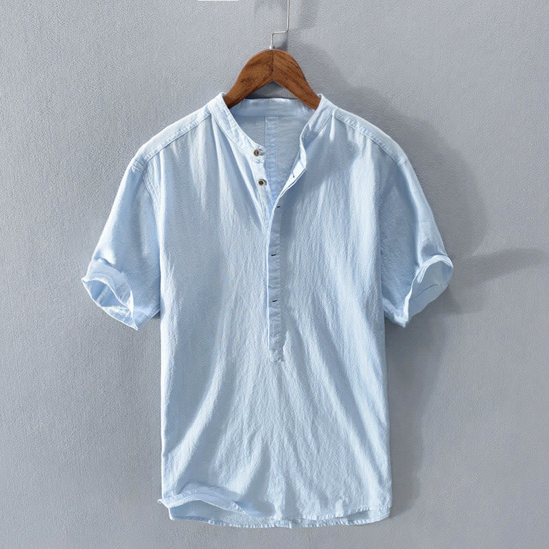 Chemise Homme en Lin et Coton à Manches Courtes – Col Montant, Design Élégant et Confortable, Idéal pour Toutes Occasions 9