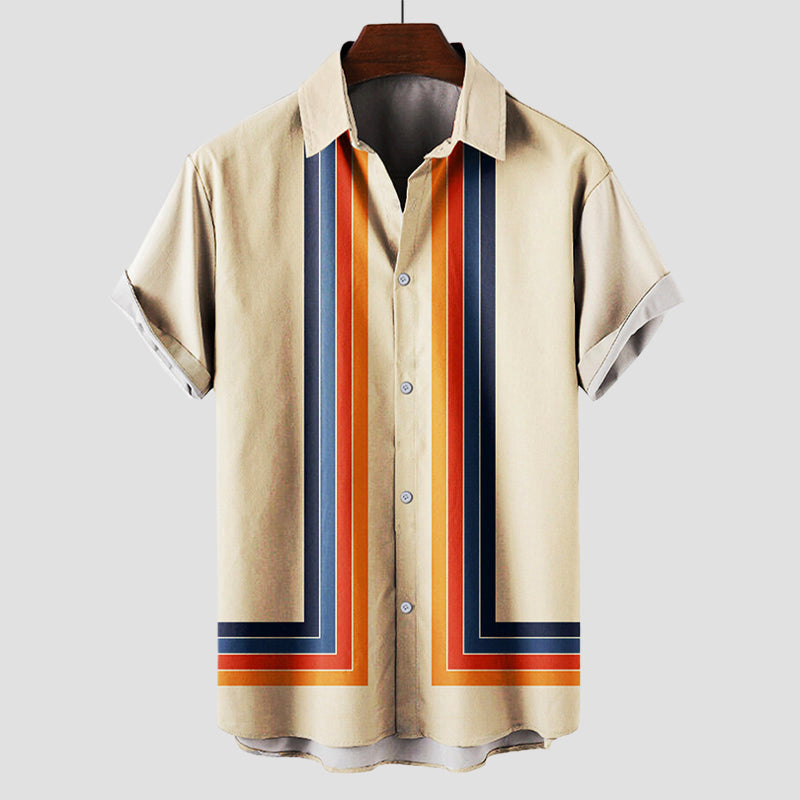 Chemise Rétro d'Été en Coton à Rayures – Col Rabattu, Manches Courtes, Style Coloré 0