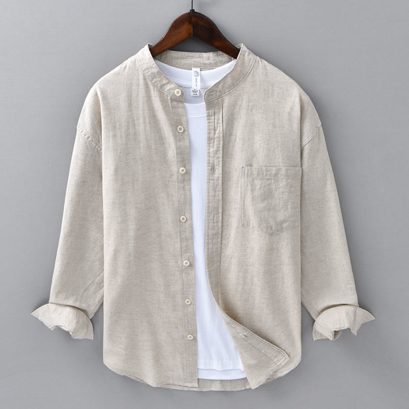 Chemise en Lin Homme à Col Montant avec Poche – Confort et Élégance en Coton Lin, Style Décontracté, Tailles M à 3XL 0