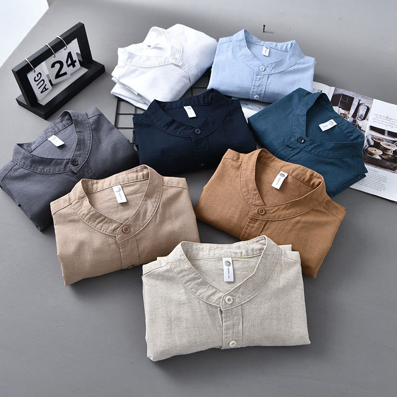 Chemise en Lin Homme à Col Montant avec Poche – Confort et Élégance en Coton Lin, Style Décontracté, Tailles M à 3XL 1