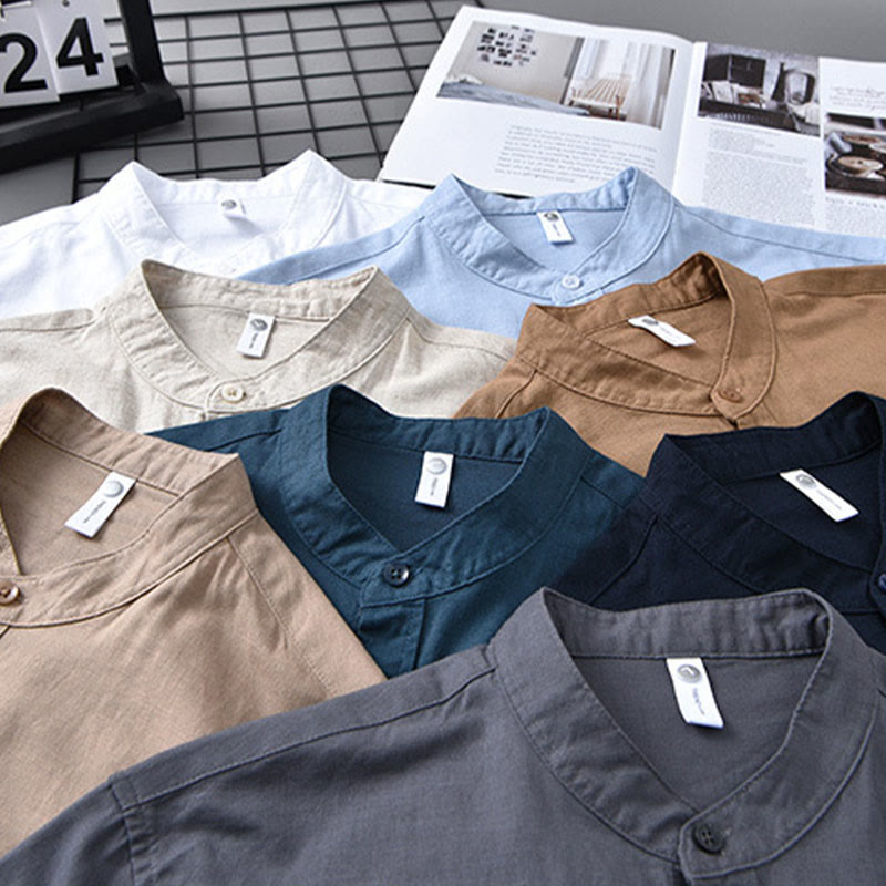 Chemise en Lin Homme à Col Montant avec Poche – Confort et Élégance en Coton Lin, Style Décontracté, Tailles M à 3XL 2