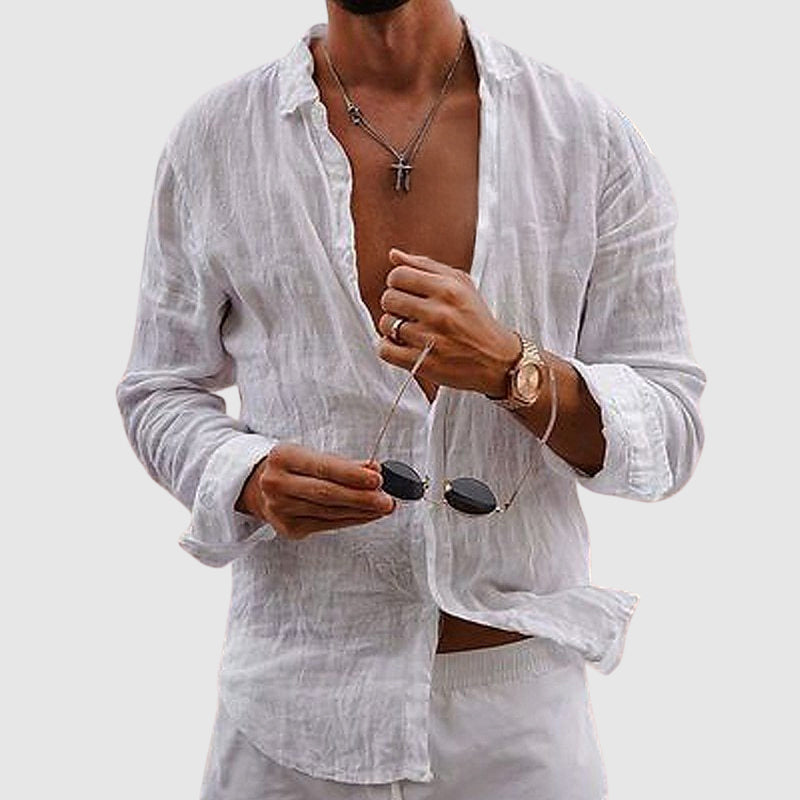 Chemise en Lin Léger Homme Col Structuré Manches Roulées Style Décontracté 0