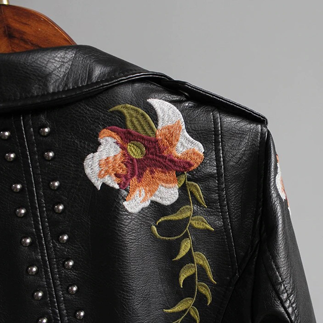 Veste en Cuir Femme Imprimée Fleurs – Élégante et Durable avec Poches et Fermeture Éclair-6