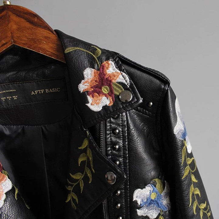 Veste en Cuir Femme Imprimée Fleurs – Élégante et Durable avec Poches et Fermeture Éclair-5