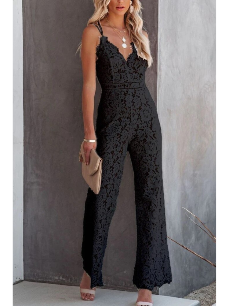 Combinaison V-Cou Élégante en Dentelle avec Pantalon Évasé 1