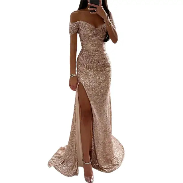 Robe de Soirée Longue Élegante à Col V et Épaules Dénudées – Robe Chic avec Fente pour Cérémonie Femme et Événements Spéciaux-5