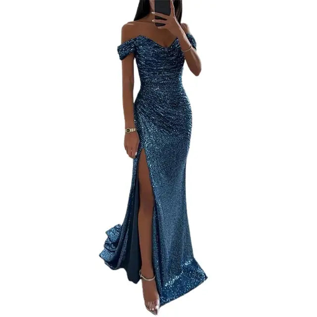 Robe de Soirée Longue Élegante à Col V et Épaules Dénudées – Robe Chic avec Fente pour Cérémonie Femme et Événements Spéciaux-1