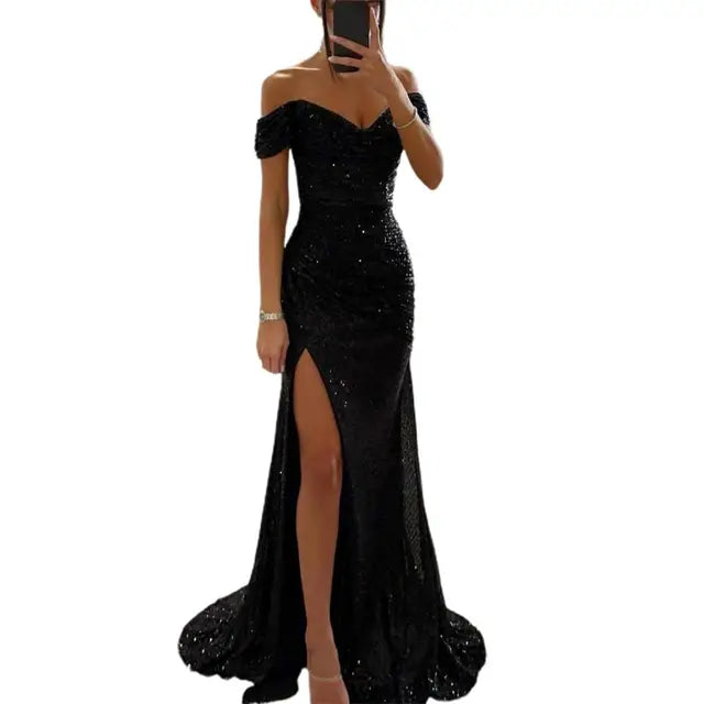Robe de Soirée Longue Élegante à Col V et Épaules Dénudées – Robe Chic avec Fente pour Cérémonie Femme et Événements Spéciaux-2