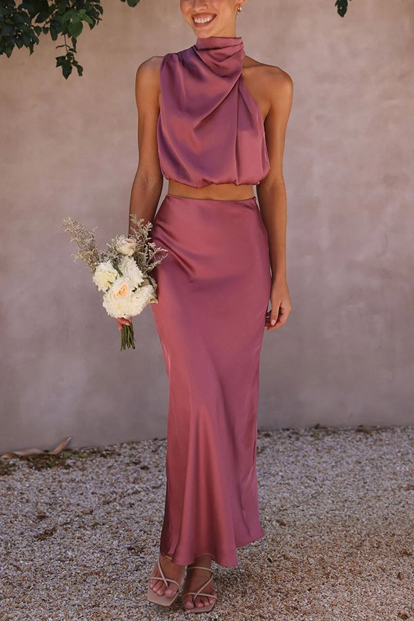 Ensemble Deux-Pièces Halter en Satin avec Jupe Maxi Élégante pour Mariages et Galas – Disponible en Plusieurs Tailles 14