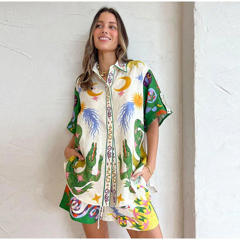 Ensemble Deux Pièces Maya - Chemise Oversize et Shorts Fluides Imprimés Vibrants, Tissu Doux et Respirant, Taille S à L 0