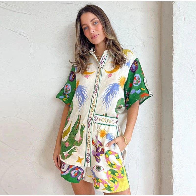 Ensemble Deux Pièces Maya - Chemise Oversize et Shorts Fluides Imprimés Vibrants, Tissu Doux et Respirant, Taille S à L 1