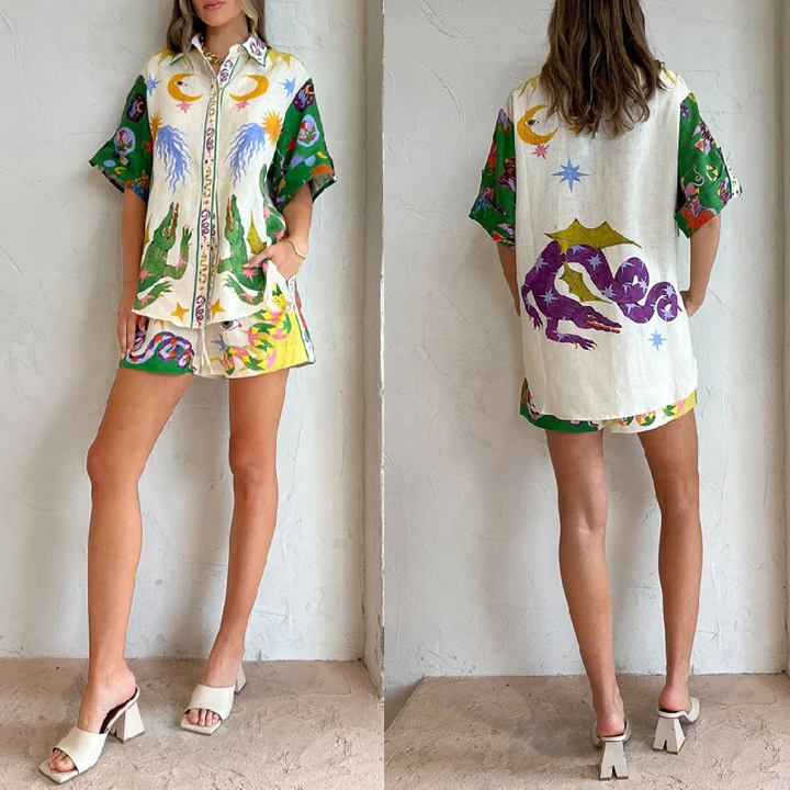 Ensemble Deux Pièces Maya - Chemise Oversize et Shorts Fluides Imprimés Vibrants, Tissu Doux et Respirant, Taille S à L 4