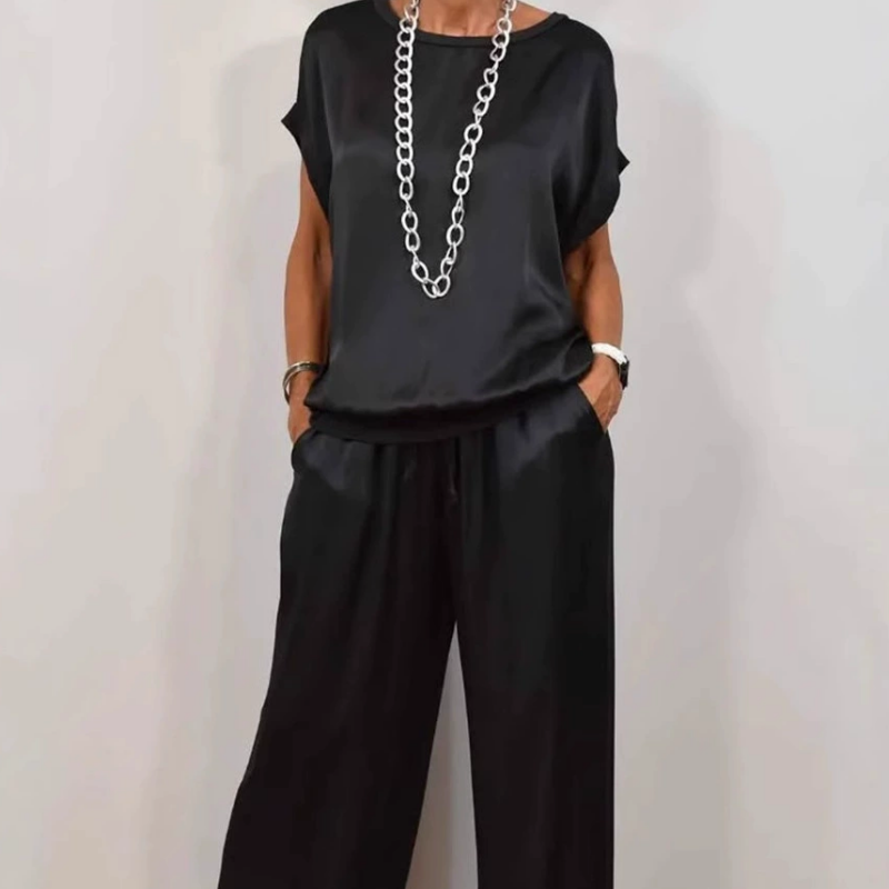 Ensemble Deux Pièces en Satin Élégant avec Blouse Ample et Pantalon à Jambe Large 3
